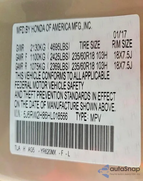 2017 Honda Cr-V Exl z USA, uszkodzony, nr VIN 5J6RW2H86HL018566